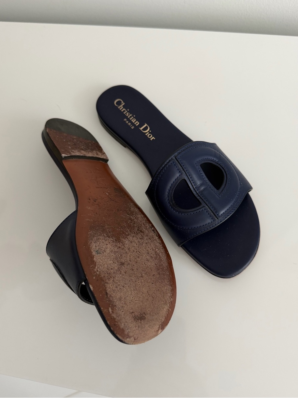Dior Navy Leather Slide Mules with Cutout Logo - Picture 3 of 3